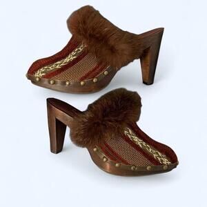 Vintage Cottagecore Boho Clogs Mink Fur Slip On Shoes Size 9 🤎